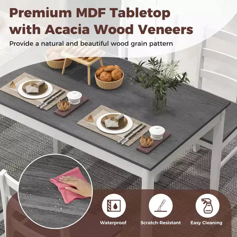 Set da pranzo Costway da 5 pezzi, mobili da cucina in legno massello con tavolo rettangolare e 4 sedie, naturale/caffè/grigio