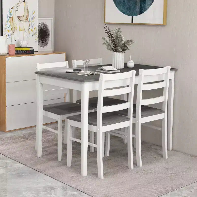 Set da pranzo Costway da 5 pezzi, mobili da cucina in legno massello con tavolo rettangolare e 4 sedie, naturale/caffè/grigio