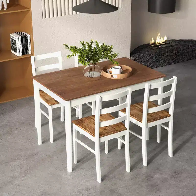 Set da pranzo Costway da 5 pezzi, mobili da cucina in legno massello con tavolo rettangolare e 4 sedie, naturale/caffè/grigio