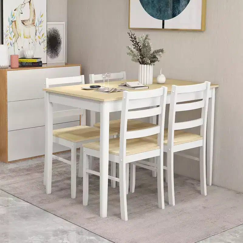 Set da pranzo Costway da 5 pezzi, mobili da cucina in legno massello con tavolo rettangolare e 4 sedie, naturale/caffè/grigio