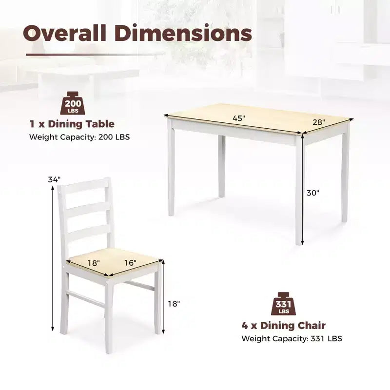 Set da pranzo Costway da 5 pezzi, mobili da cucina in legno massello con tavolo rettangolare e 4 sedie, naturale/caffè/grigio