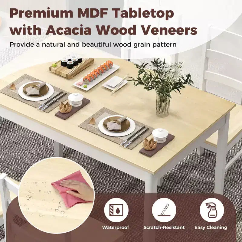 Set da pranzo Costway da 5 pezzi, mobili da cucina in legno massello con tavolo rettangolare e 4 sedie, naturale/caffè/grigio