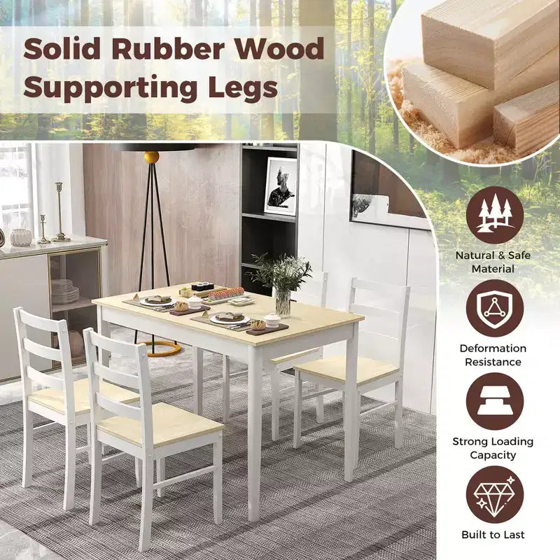 Set da pranzo Costway da 5 pezzi, mobili da cucina in legno massello con tavolo rettangolare e 4 sedie, naturale/caffè/grigio