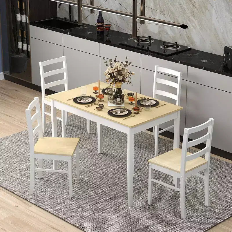 Set da pranzo Costway da 5 pezzi, mobili da cucina in legno massello con tavolo rettangolare e 4 sedie, naturale/caffè/grigio