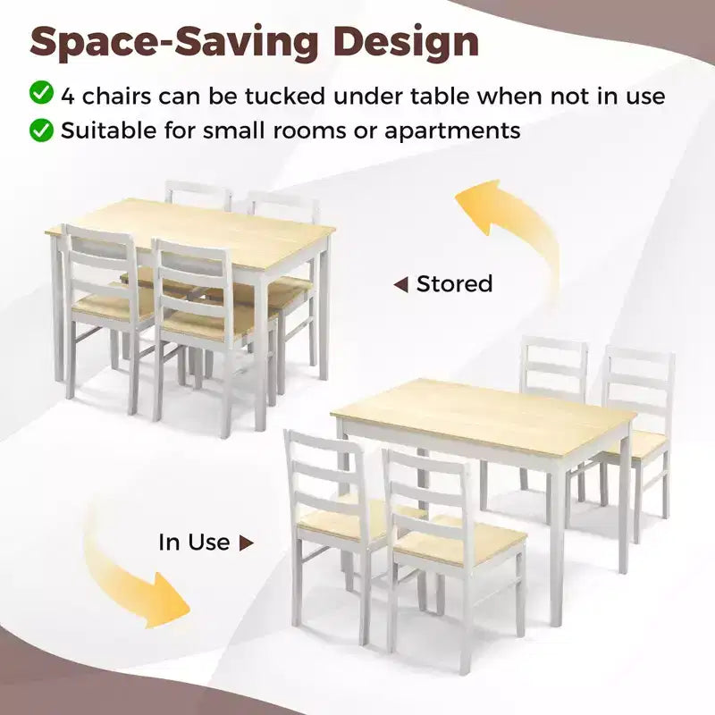 Set da pranzo Costway da 5 pezzi, mobili da cucina in legno massello con tavolo rettangolare e 4 sedie, naturale/caffè/grigio