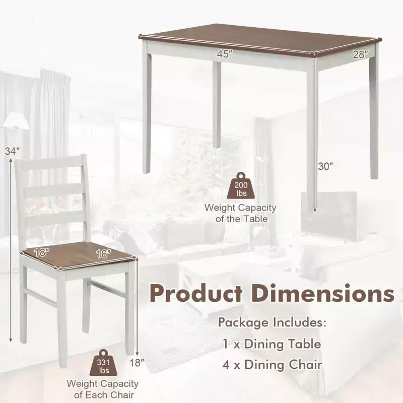 Set da pranzo Costway da 5 pezzi, mobili da cucina in legno massello con tavolo rettangolare e 4 sedie, naturale/caffè/grigio