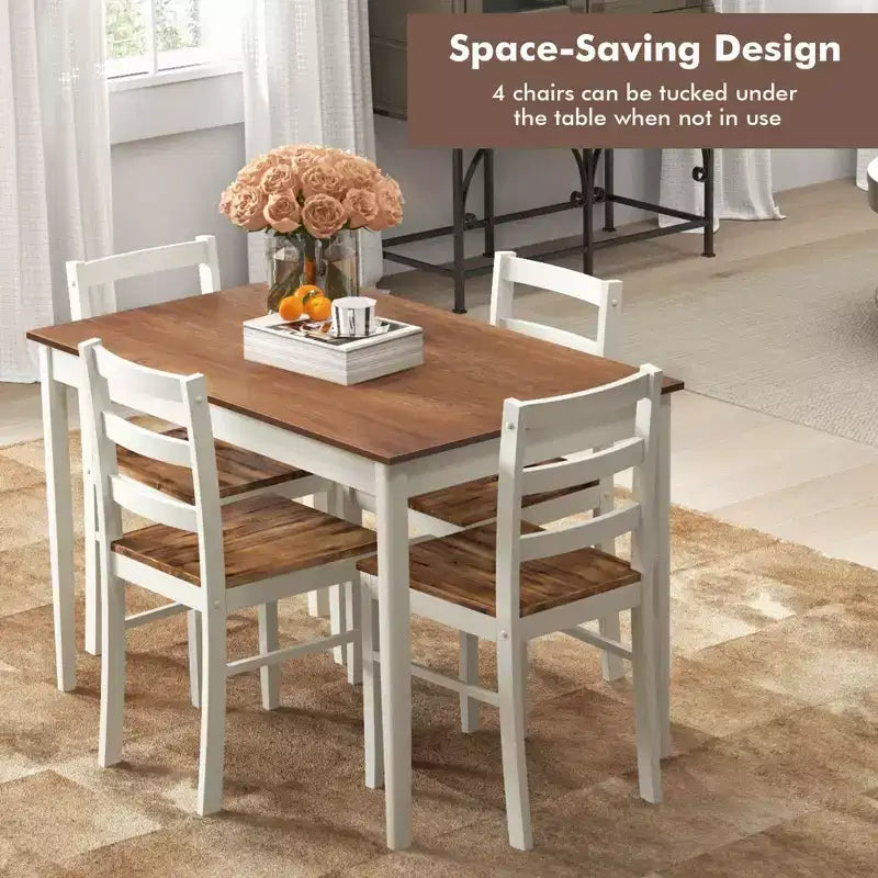 Set da pranzo Costway da 5 pezzi, mobili da cucina in legno massello con tavolo rettangolare e 4 sedie, naturale/caffè/grigio