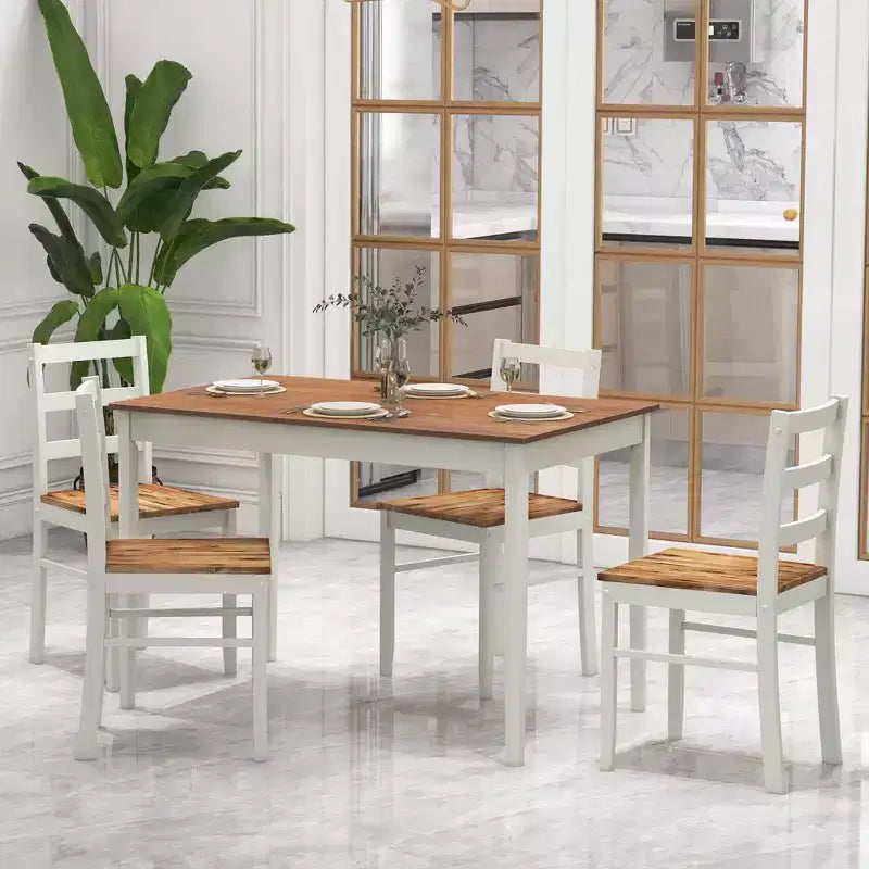 Set da pranzo Costway da 5 pezzi, mobili da cucina in legno massello con tavolo rettangolare e 4 sedie, naturale/caffè/grigio