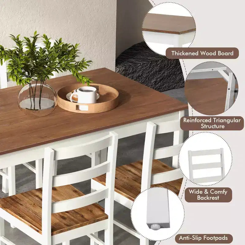 Set da pranzo Costway da 5 pezzi, mobili da cucina in legno massello con tavolo rettangolare e 4 sedie, naturale/caffè/grigio