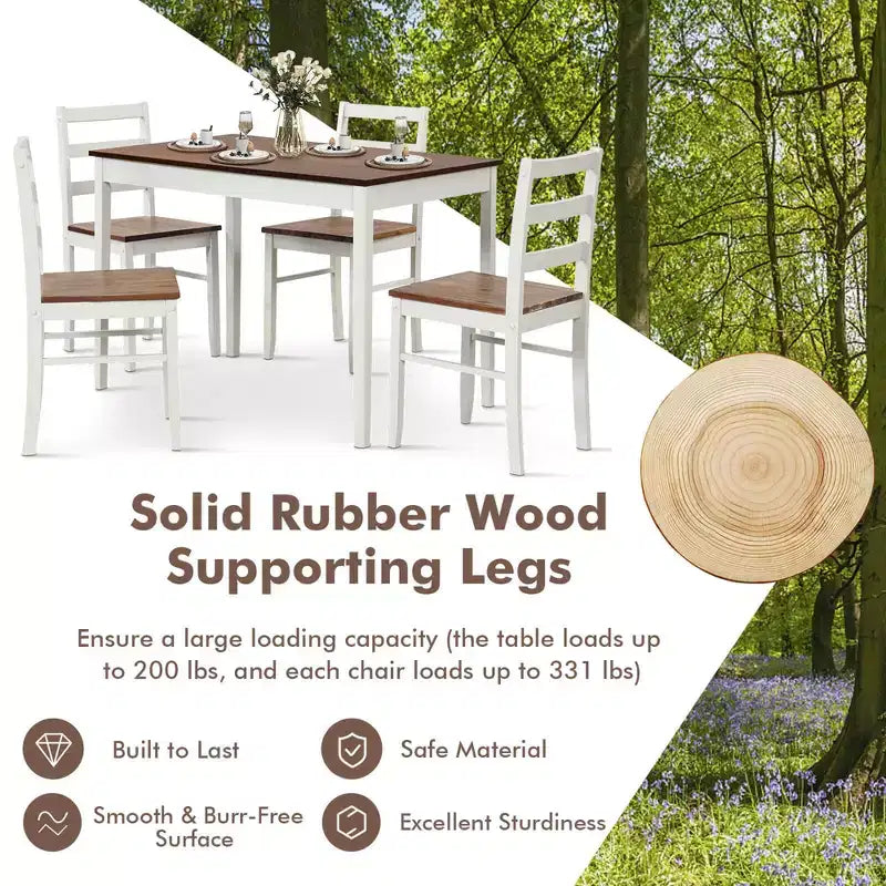 Set da pranzo Costway da 5 pezzi, mobili da cucina in legno massello con tavolo rettangolare e 4 sedie, naturale/caffè/grigio