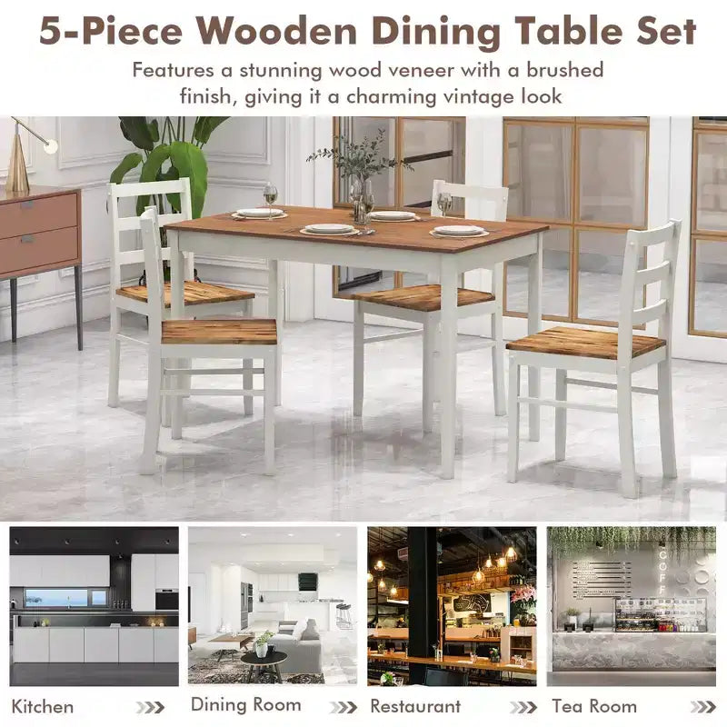 Set da pranzo Costway da 5 pezzi, mobili da cucina in legno massello con tavolo rettangolare e 4 sedie, naturale/caffè/grigio
