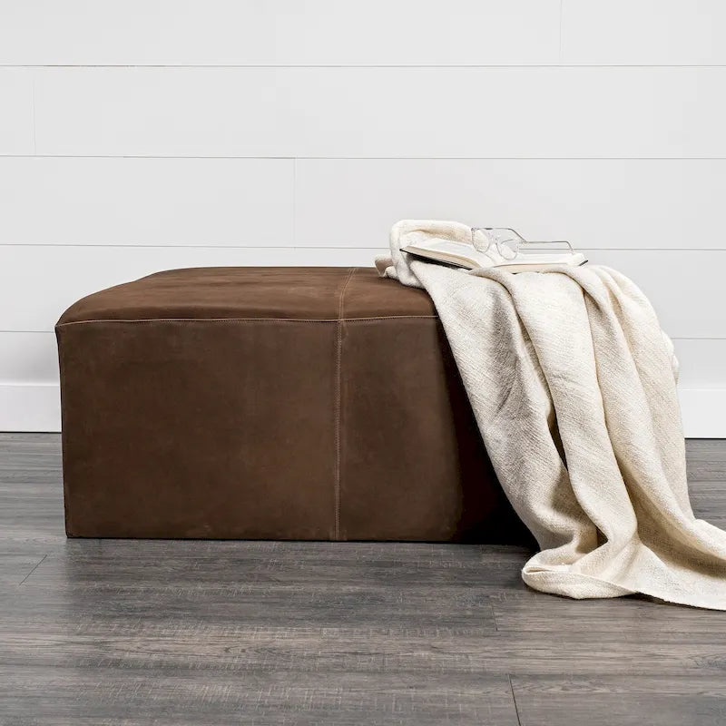 Pouf quadrato in pelle pieno fiore da 90 cm con base in metallo