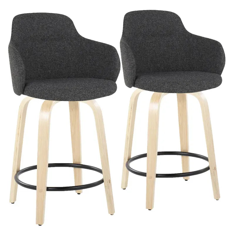 Sgabello da bancone ad altezza fissa da 60 cm con gambe in legno curvato e poggiapiedi rotondo (set da 2)