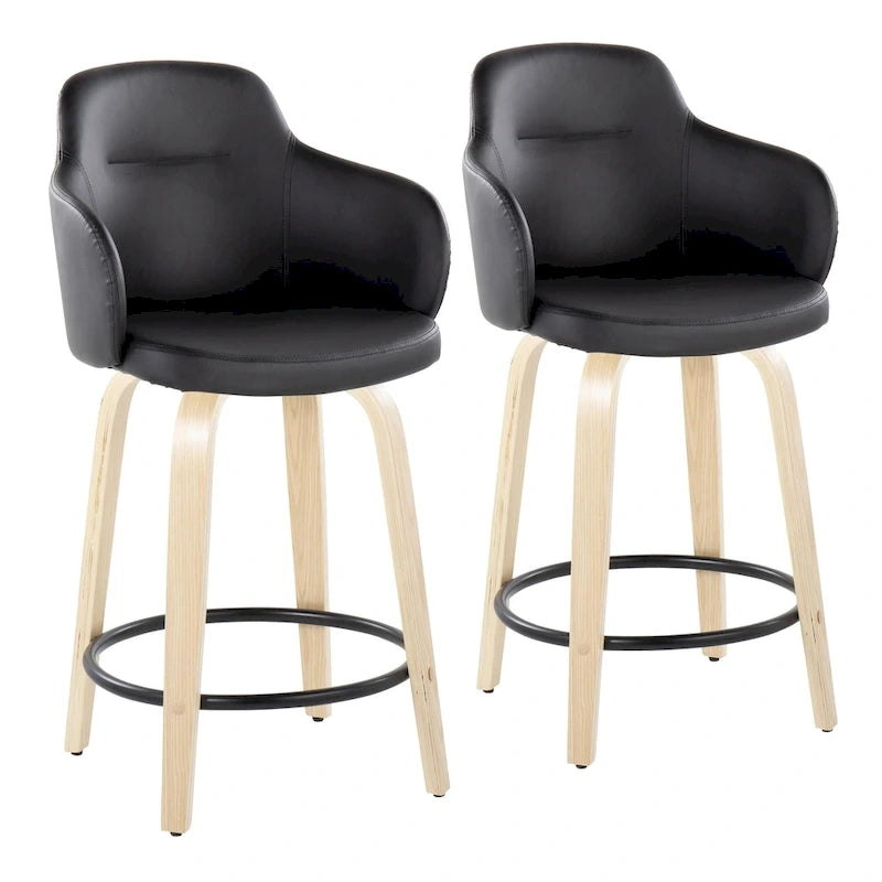 Sgabello da bancone ad altezza fissa da 60 cm con gambe in legno curvato e poggiapiedi rotondo (set da 2)