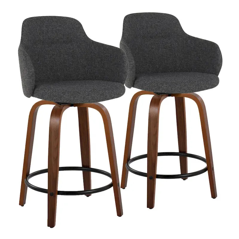 Sgabello da bancone ad altezza fissa da 60 cm con gambe in legno curvato e poggiapiedi rotondo (set da 2)