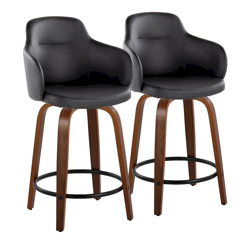 Sgabello da bancone ad altezza fissa da 60 cm con gambe in legno curvato e poggiapiedi rotondo (set da 2)