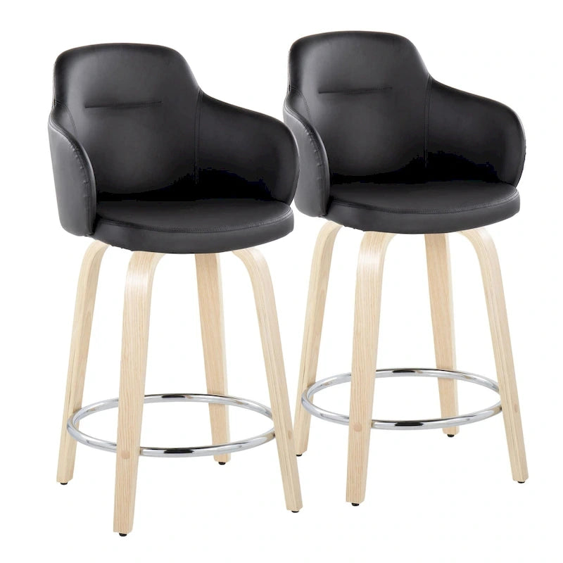 Sgabello da bancone ad altezza fissa da 60 cm con gambe in legno curvato e poggiapiedi rotondo (set da 2)