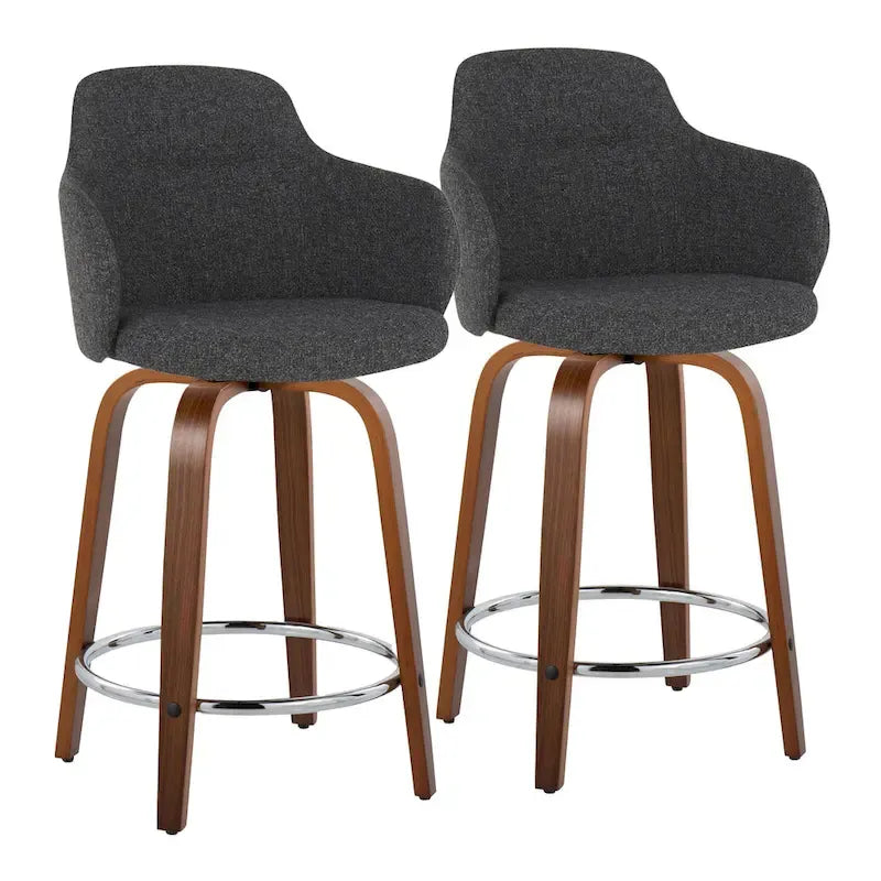 Sgabello da bancone ad altezza fissa da 60 cm con gambe in legno curvato e poggiapiedi rotondo (set da 2)
