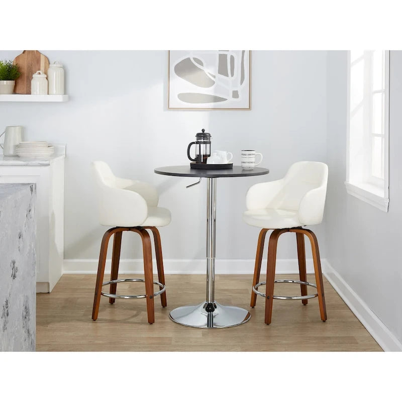 Sgabello da bancone ad altezza fissa da 60 cm con gambe in legno curvato e poggiapiedi rotondo (set da 2)