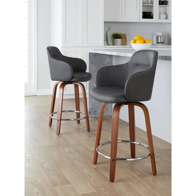 Sgabello da bancone ad altezza fissa da 60 cm con gambe in legno curvato e poggiapiedi rotondo (set da 2)