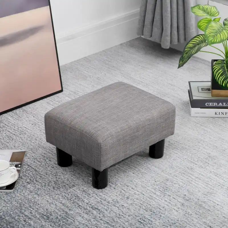 Pouf poggiapiedi rettangolare in lino con gambe in legno