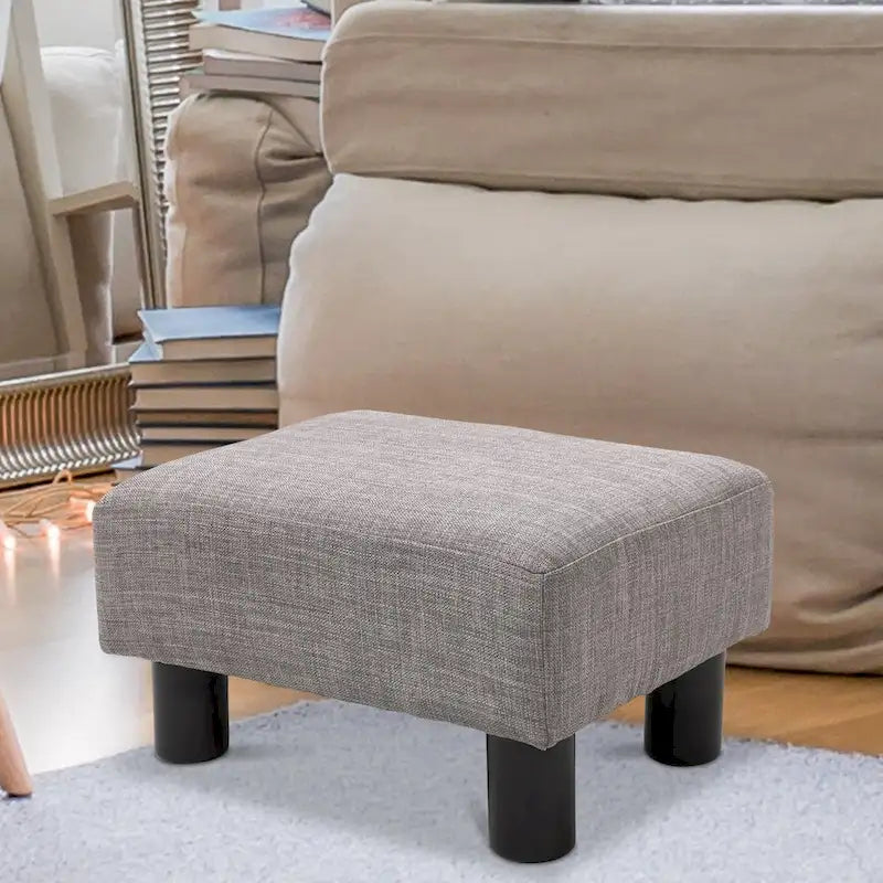 Pouf poggiapiedi rettangolare in lino con gambe in legno