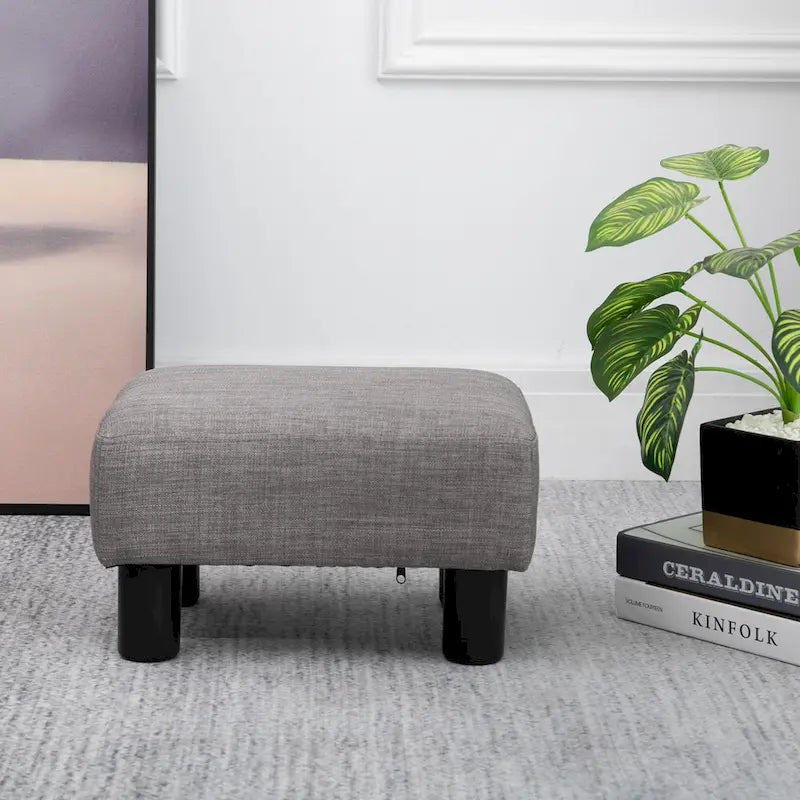 Pouf poggiapiedi rettangolare in lino con gambe in legno