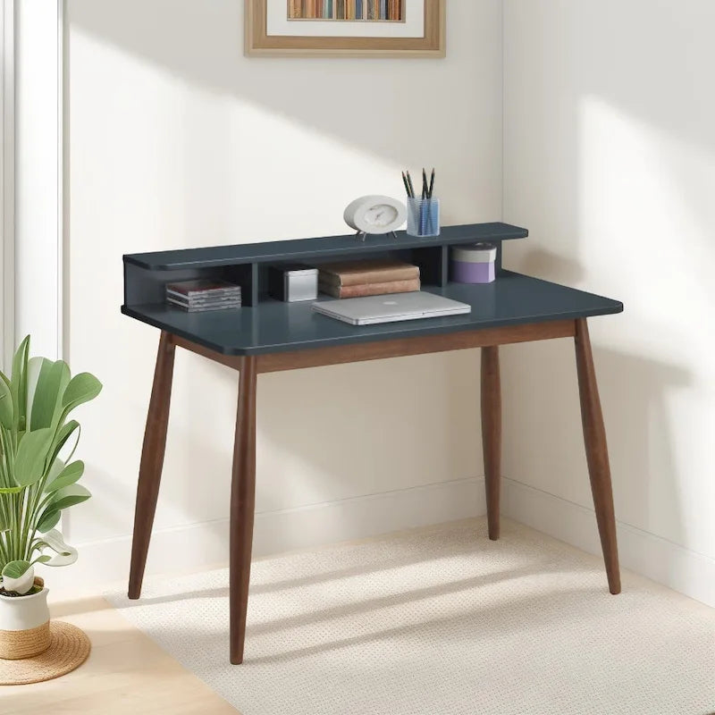 Scrivania da ufficio in legno grigio-blu con contenitore