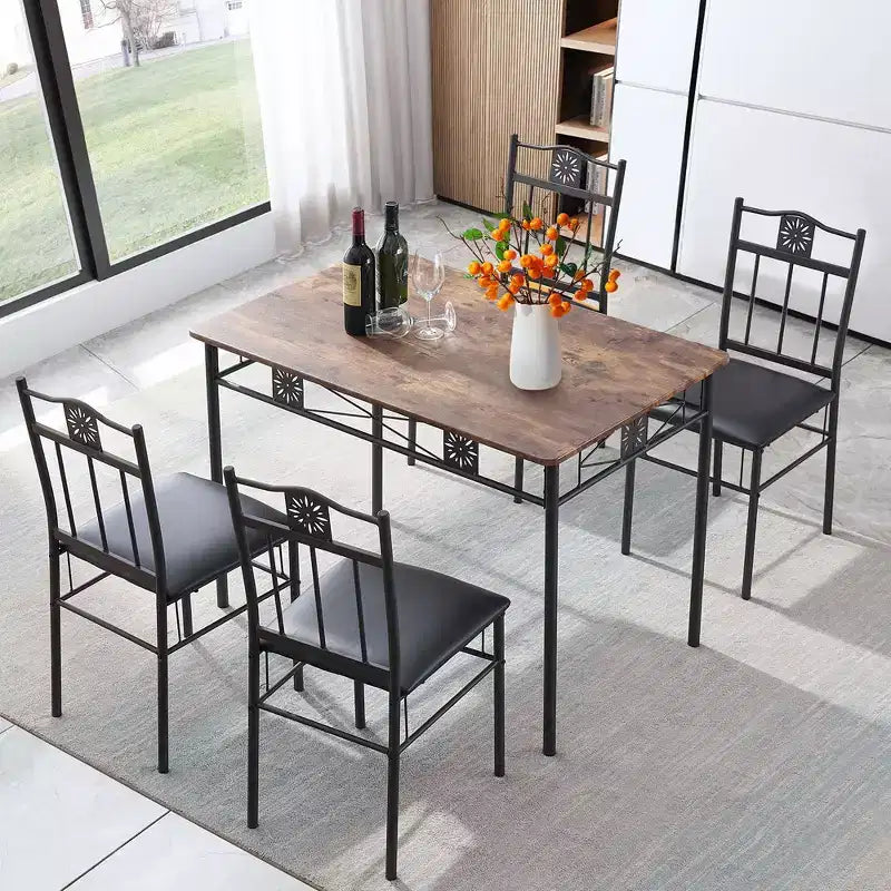 Set tavolo da pranzo in legno VECELO con sedie imbottite in similpelle per piccoli spazi, marrone retrò