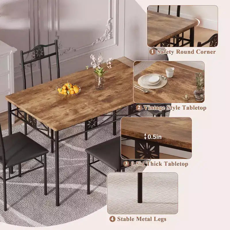 Set tavolo da pranzo in legno VECELO con sedie imbottite in similpelle per piccoli spazi, marrone retrò
