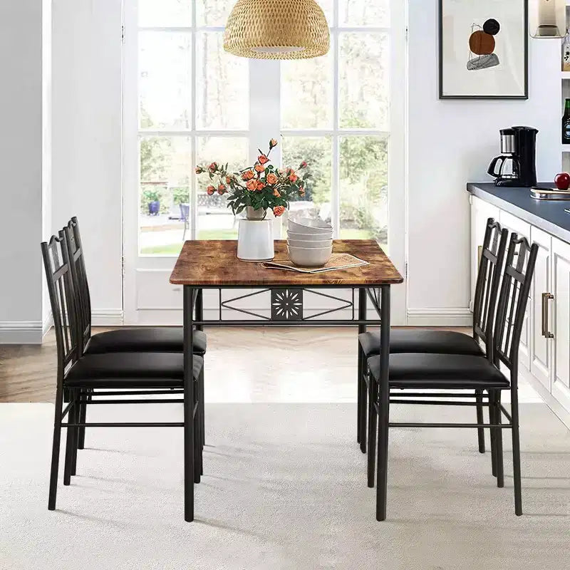 Set tavolo da pranzo in legno VECELO con sedie imbottite in similpelle per piccoli spazi, marrone retrò