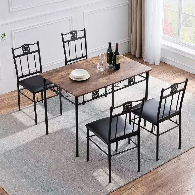 Set tavolo da pranzo in legno VECELO con sedie imbottite in similpelle per piccoli spazi, marrone retrò