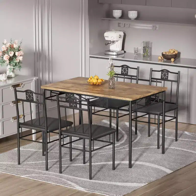 Set tavolo da pranzo in legno VECELO con sedie imbottite in similpelle per piccoli spazi, marrone retrò