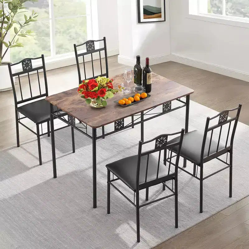 Set tavolo da pranzo in legno VECELO con sedie imbottite in similpelle per piccoli spazi, marrone retrò