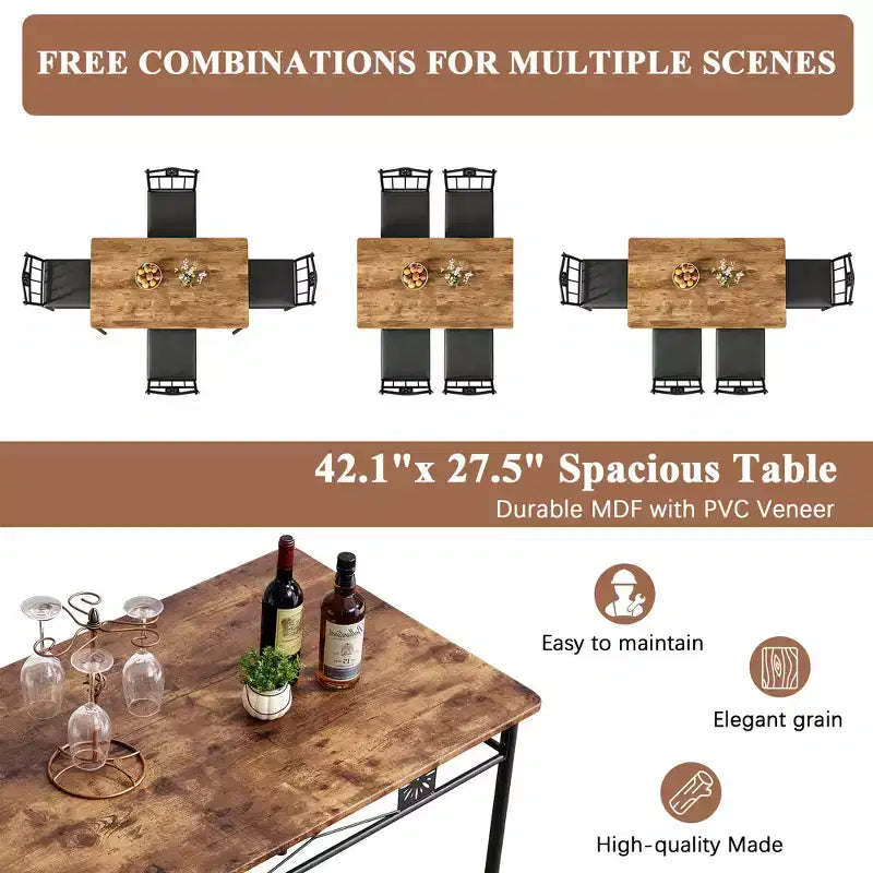 Set tavolo da pranzo in legno VECELO con sedie imbottite in similpelle per piccoli spazi, marrone retrò
