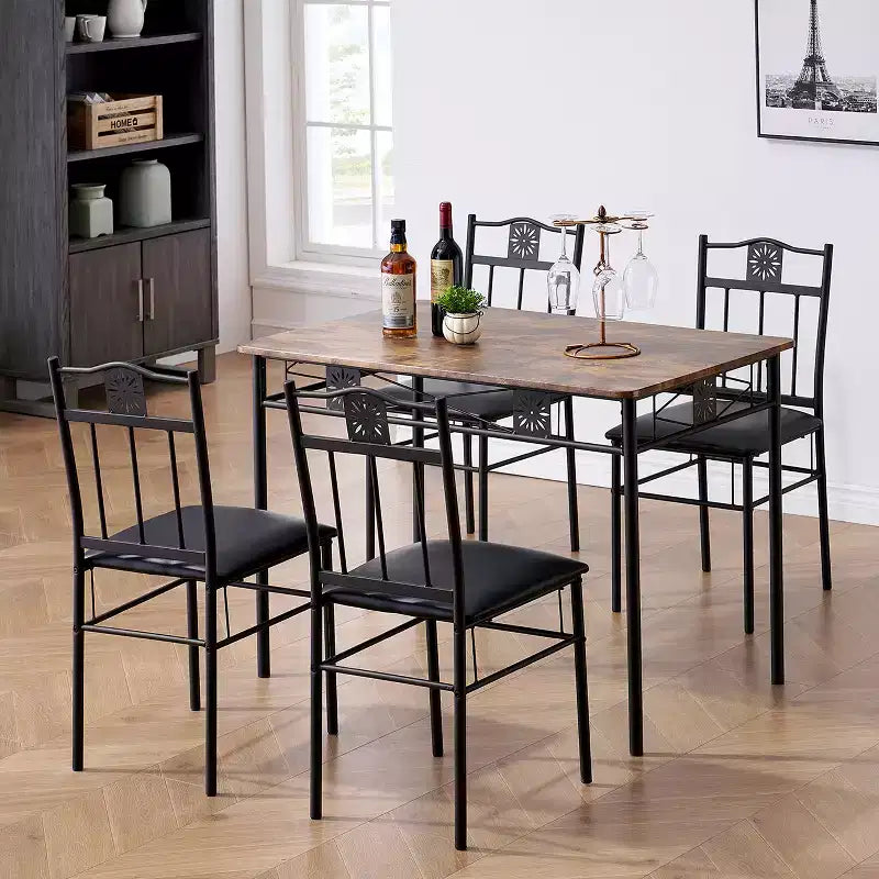 Set tavolo da pranzo in legno VECELO con sedie imbottite in similpelle per piccoli spazi, marrone retrò