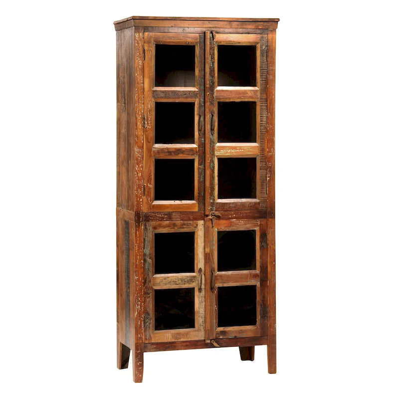 Mobile contenitore in legno di mango rigenerato effetto anticato e vetro, altezza 213 cm