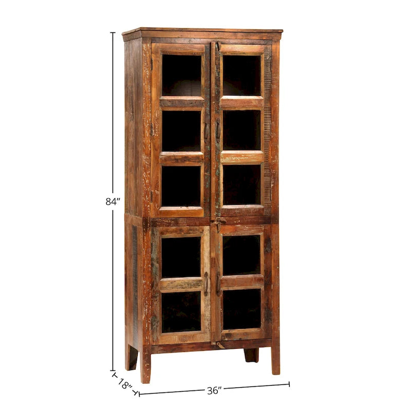 Mobile contenitore in legno di mango rigenerato effetto anticato e vetro, altezza 213 cm