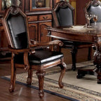 Sedia da pranzo imbottita con braccioli e gambe in legno intagliato (set da 2) - PU nero e ciliegio