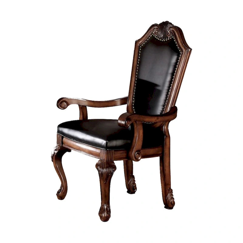 Sedia da pranzo imbottita con braccioli e gambe in legno intagliato (set da 2) - PU nero e ciliegio