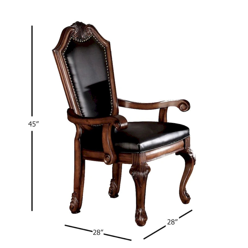 Sedia da pranzo imbottita con braccioli e gambe in legno intagliato (set da 2) - PU nero e ciliegio