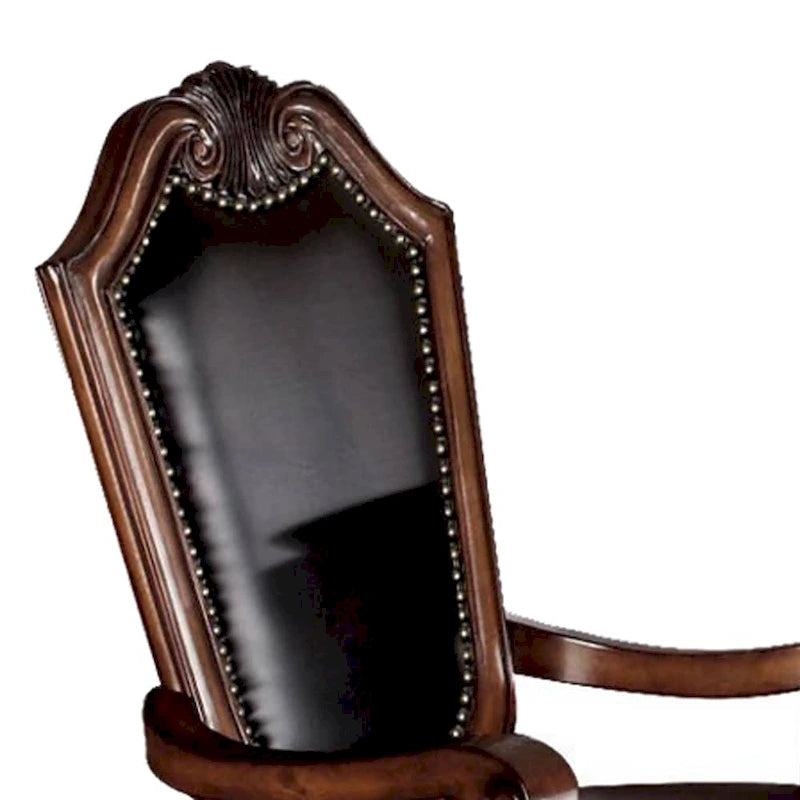 Sedia da pranzo imbottita con braccioli e gambe in legno intagliato (set da 2) - PU nero e ciliegio