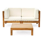 GDFStudio Keith Outdoor Acacia Wood Loveseat and Coffee Table Set with Cushions, Teak/Beige
