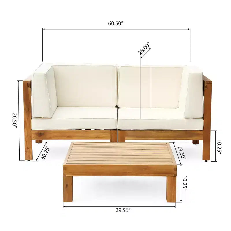 Set divanetto a due posti e tavolino da caffè per esterni Keith in legno di acacia con cuscini, GDFStudio, teak/beige