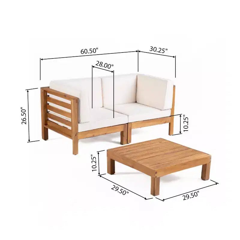 GDFStudio Cascada Set Divanetto a due posti e tavolino da esterno in legno di acacia con cuscini, Teak/Beige