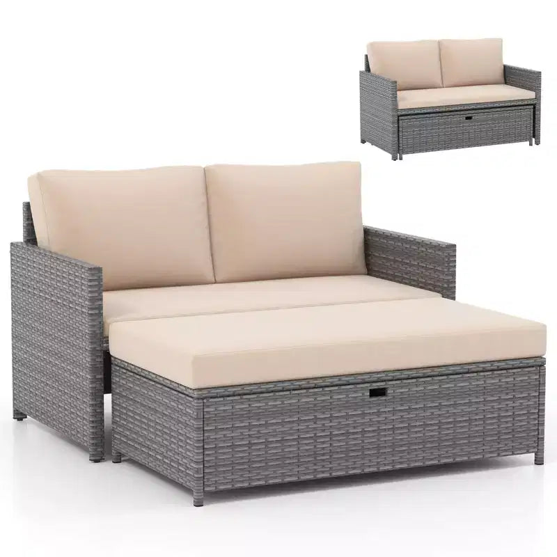 Costway Set da 2 Divanetti da Patio con Pouf Contenitore Multifunzione da 117 L e Morbidi Cuscini