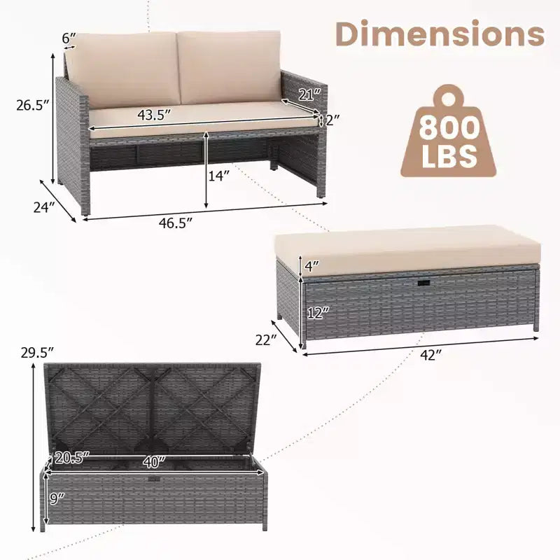 Costway Set da 2 Divanetti da Patio con Pouf Contenitore Multifunzione da 117 L e Morbidi Cuscini