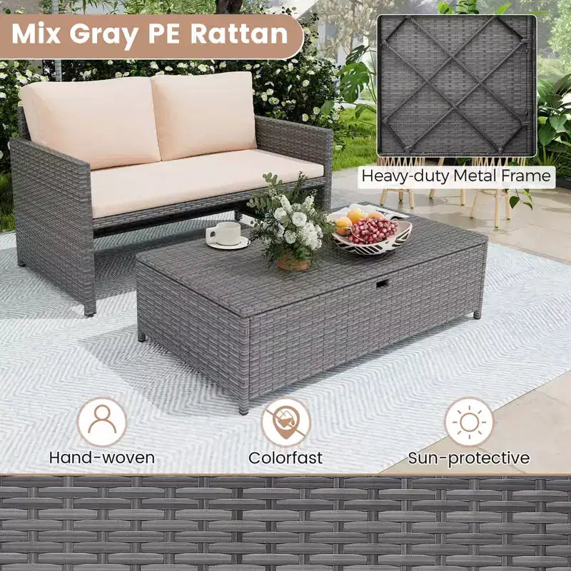 Costway Set da 2 Divanetti da Patio con Pouf Contenitore Multifunzione da 117 L e Morbidi Cuscini