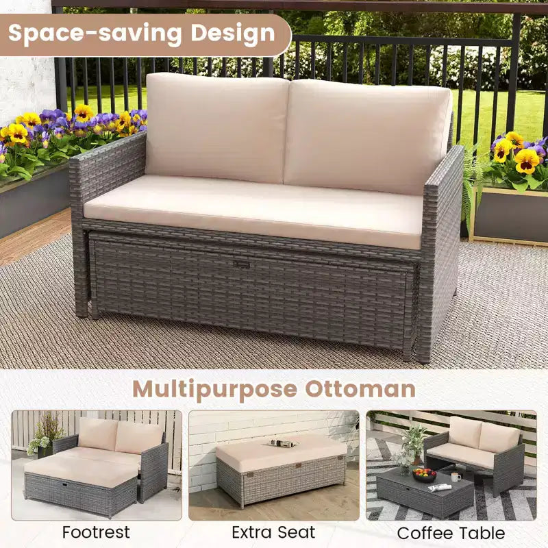 Costway Set da 2 Divanetti da Patio con Pouf Contenitore Multifunzione da 117 L e Morbidi Cuscini