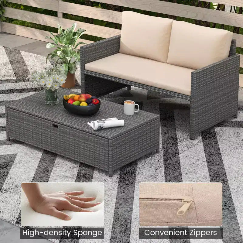 Costway Set da 2 Divanetti da Patio con Pouf Contenitore Multifunzione da 117 L e Morbidi Cuscini
